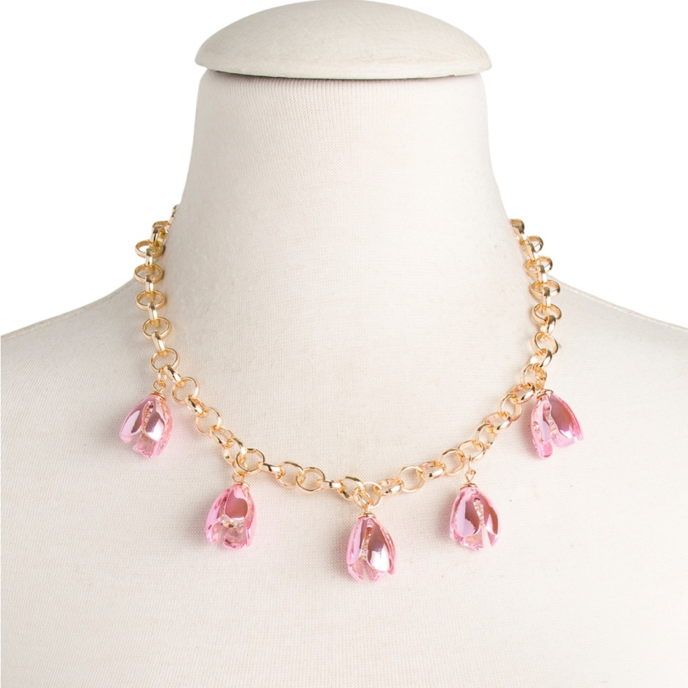 Betsey Johnson Elegant Gold Necklace with Pink Crystal Drops Rt LS